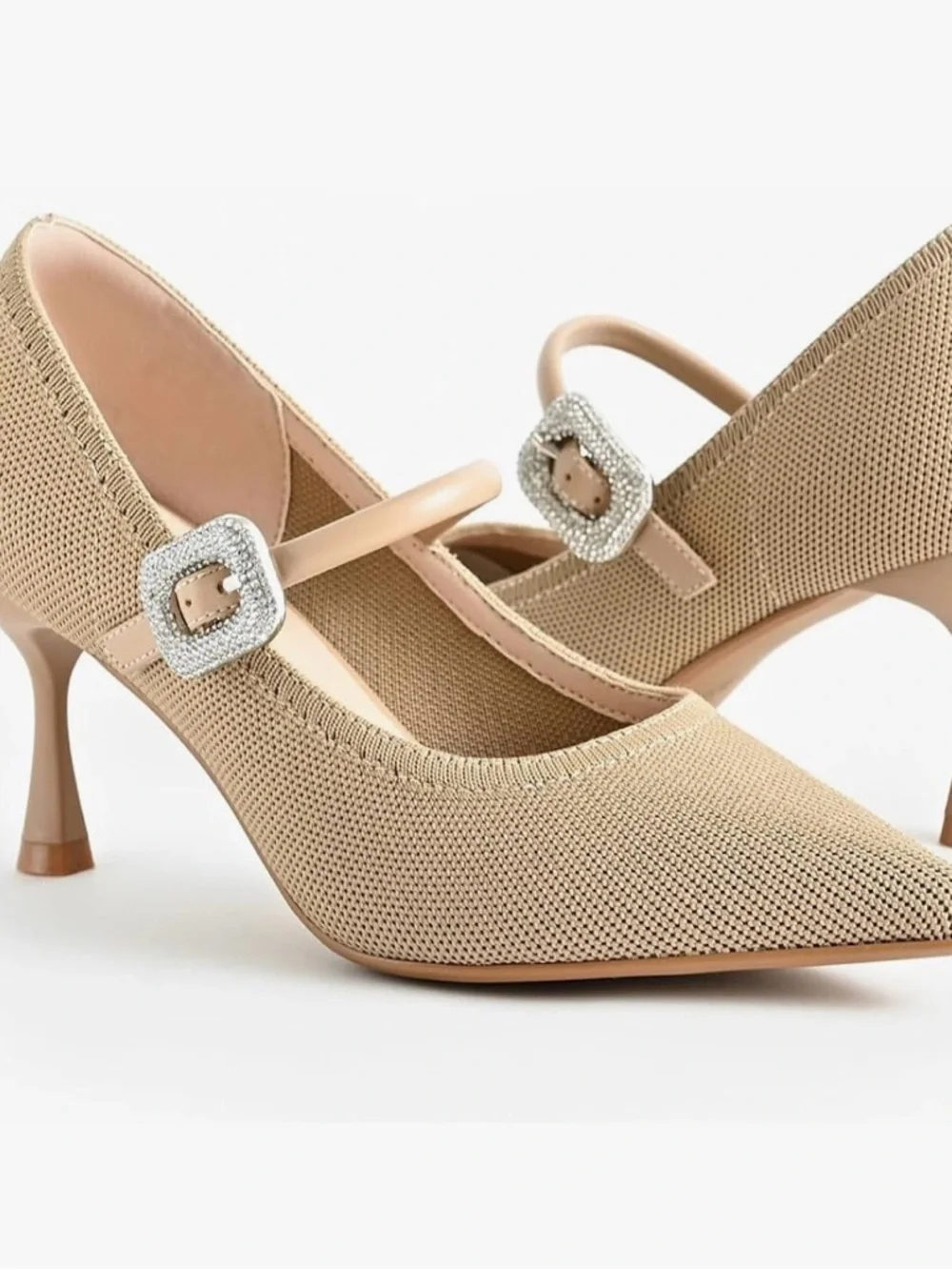 Neutral Beige Mary Jane Pointed Heels with Crystal Buckle - Picture 2 of 6
